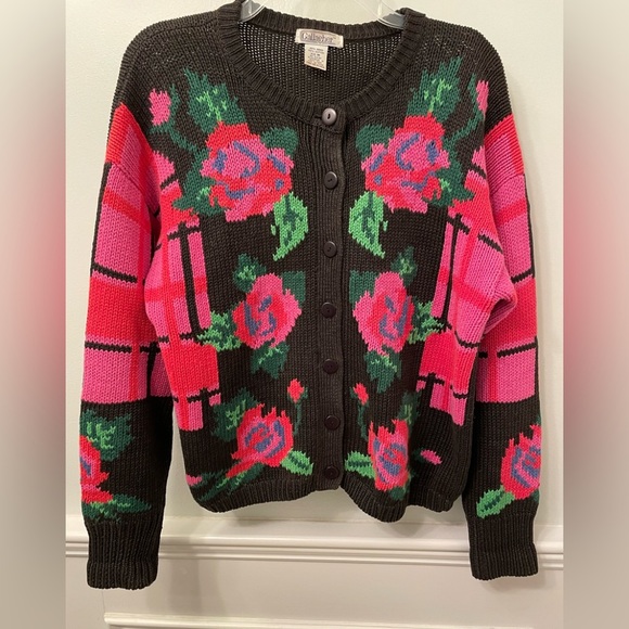Vintage 80’s Hand Knit Gallagher Pink Floral Irish Cardigan Medium - Picture 1 of 7